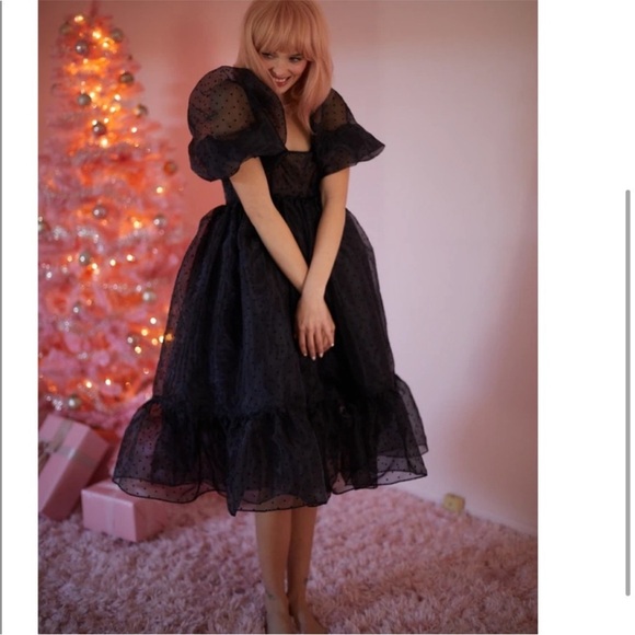 Selkie Caviar French Puff Dress Midi Black Polka Dot Organza XL NWT - Picture 9 of 14